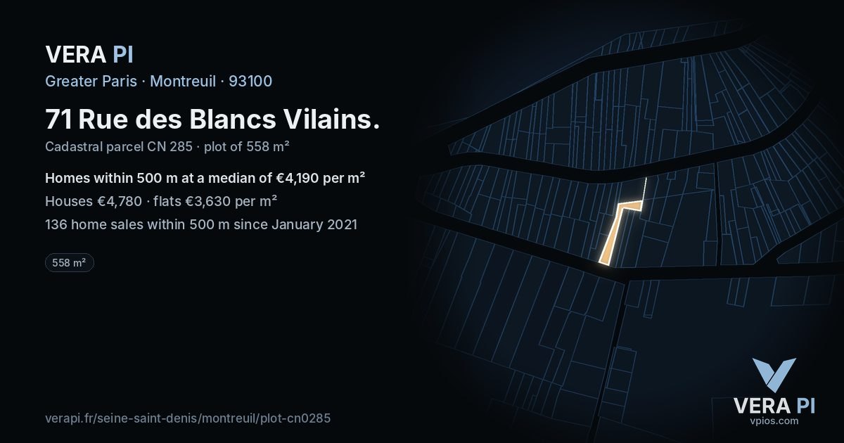 71 Rue des Blancs Vilains, Montreuil at night – the plot lit, the parcels around coloured by the prices near them