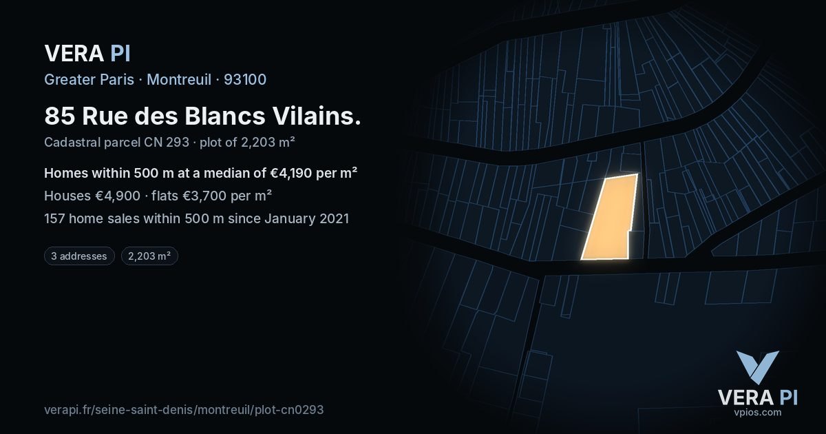 85 Rue des Blancs Vilains, Montreuil at night – the plot lit, the parcels around coloured by the prices near them