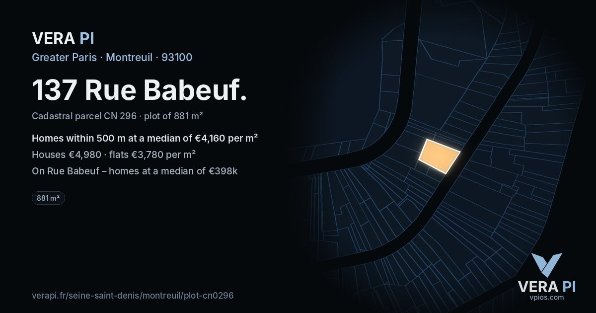 137 Rue Babeuf, Montreuil at night – the plot lit, the parcels around coloured by the prices near them