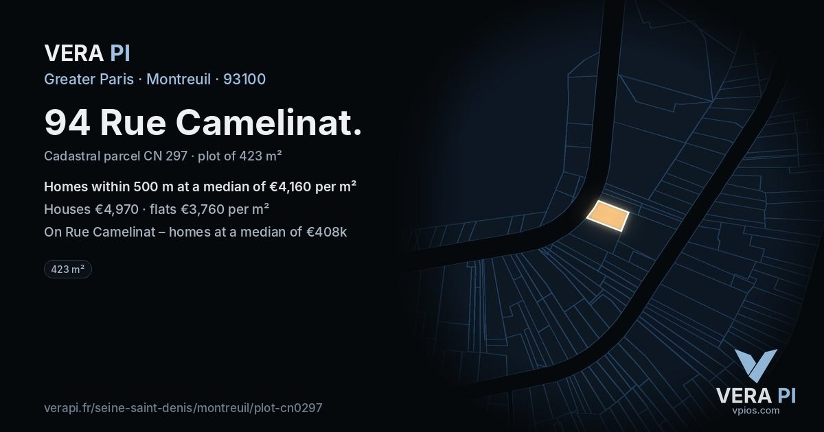 94 Rue Camelinat, Montreuil at night – the plot lit, the parcels around coloured by the prices near them
