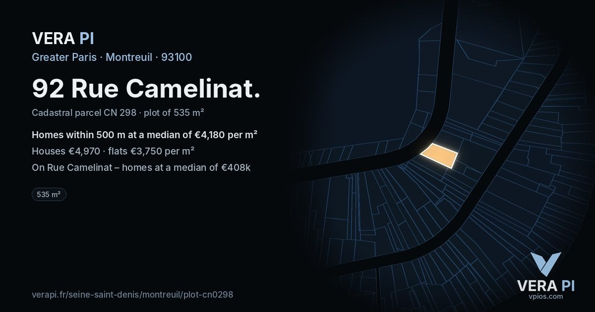 92 Rue Camelinat, Montreuil at night – the plot lit, the parcels around coloured by the prices near them