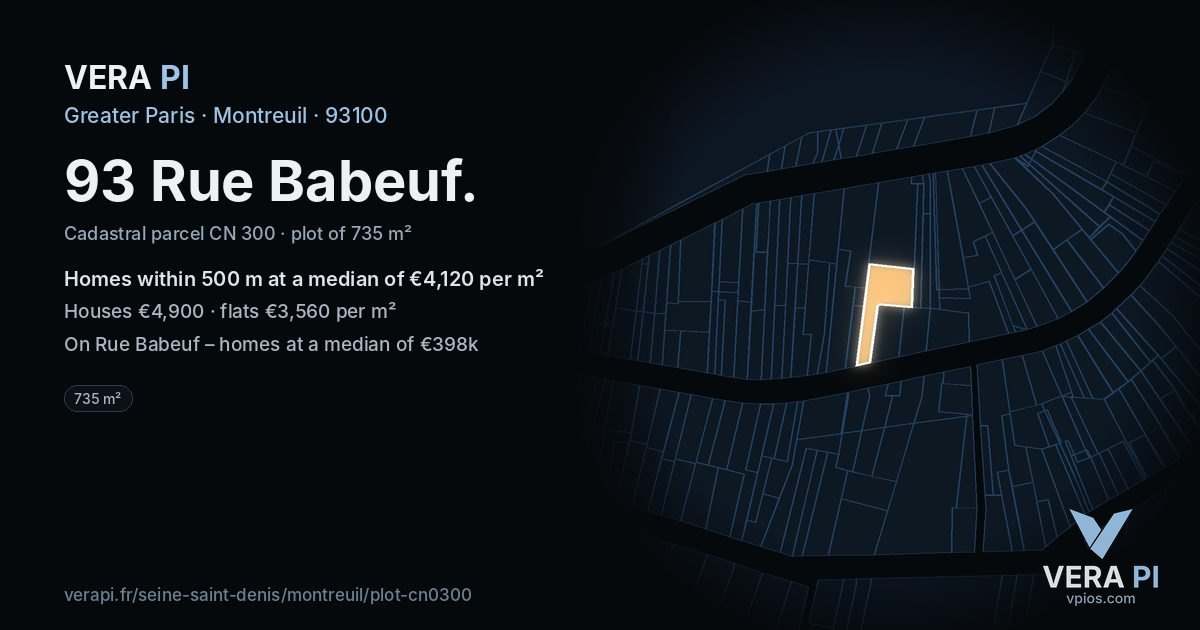 93 Rue Babeuf, Montreuil at night – the plot lit, the parcels around coloured by the prices near them