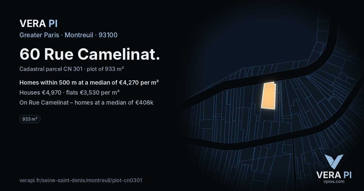60 Rue Camelinat, Montreuil at night – the plot lit, the parcels around coloured by the prices near them