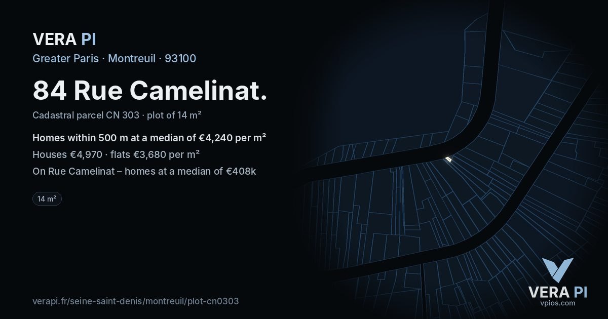 84 Rue Camelinat, Montreuil at night – the plot lit, the parcels around coloured by the prices near them