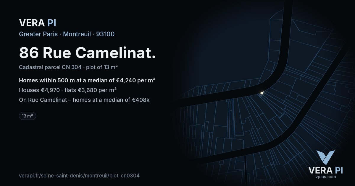 86 Rue Camelinat, Montreuil at night – the plot lit, the parcels around coloured by the prices near them