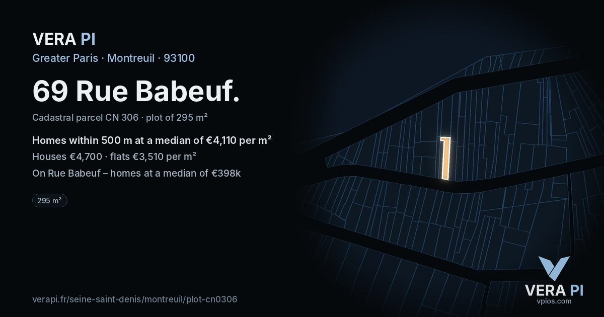 69 Rue Babeuf, Montreuil at night – the plot lit, the parcels around coloured by the prices near them
