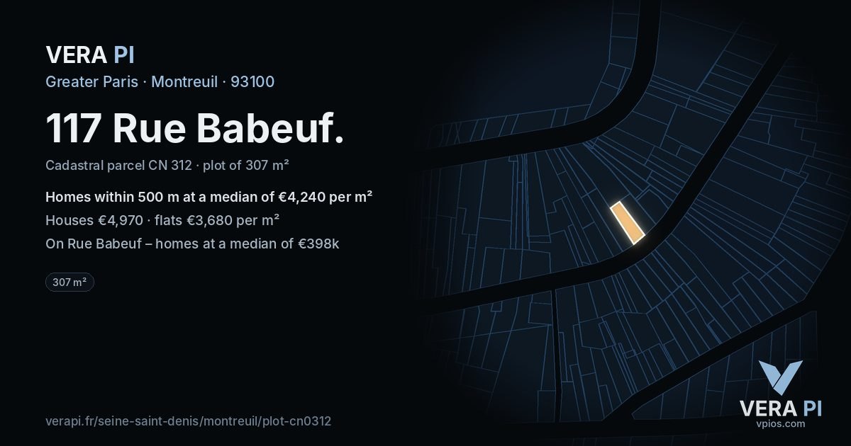 117 Rue Babeuf, Montreuil at night – the plot lit, the parcels around coloured by the prices near them