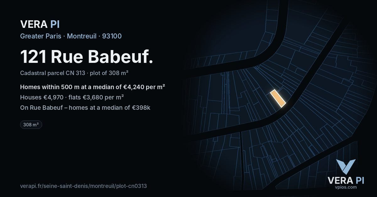 121 Rue Babeuf, Montreuil at night – the plot lit, the parcels around coloured by the prices near them