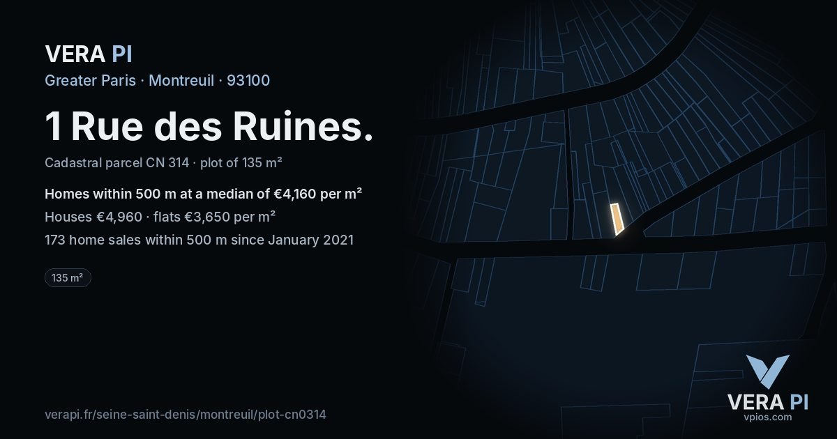 1 Rue des Ruines, Montreuil at night – the plot lit, the parcels around coloured by the prices near them
