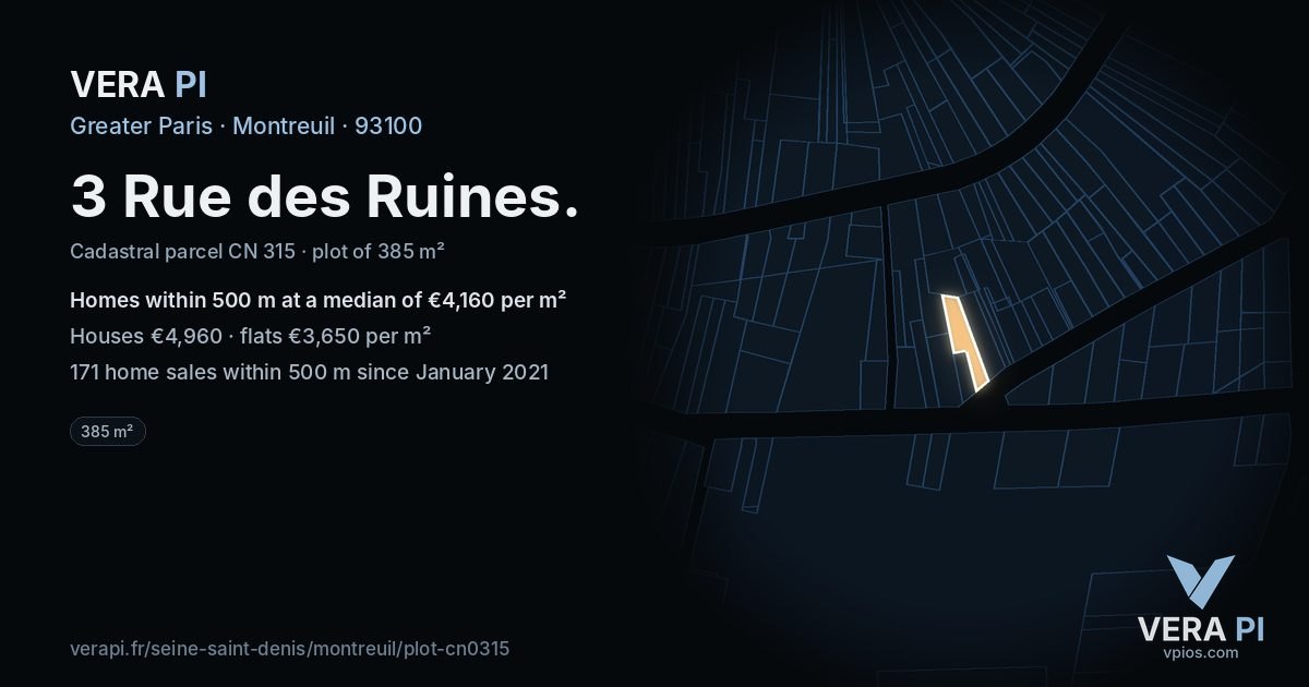 3 Rue des Ruines, Montreuil at night – the plot lit, the parcels around coloured by the prices near them