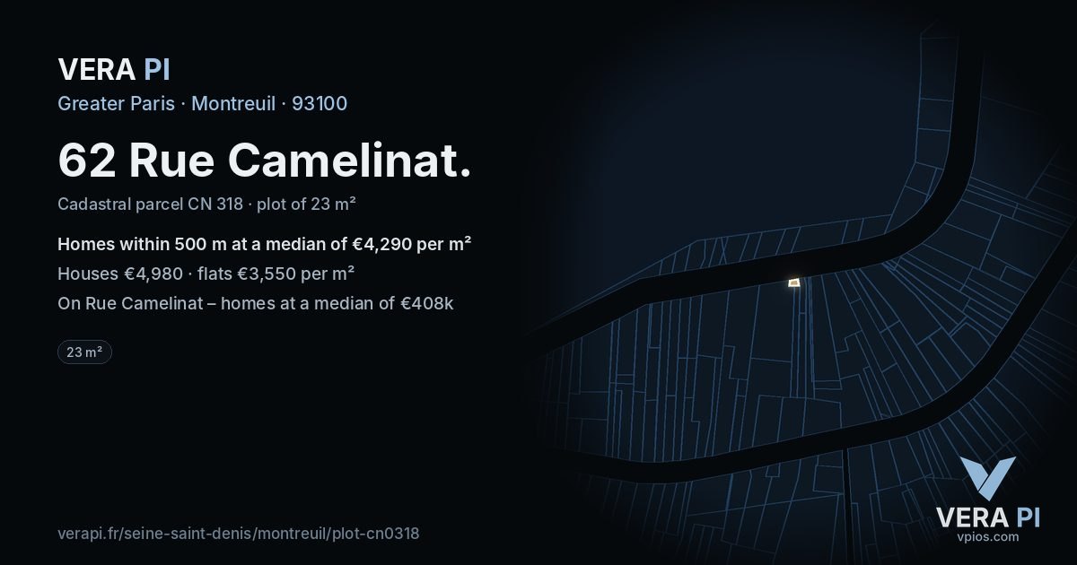 62 Rue Camelinat, Montreuil at night – the plot lit, the parcels around coloured by the prices near them