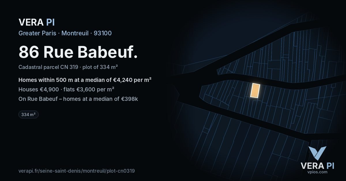 86 Rue Babeuf, Montreuil at night – the plot lit, the parcels around coloured by the prices near them