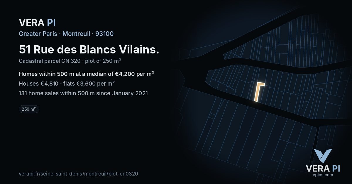 51 Rue des Blancs Vilains, Montreuil at night – the plot lit, the parcels around coloured by the prices near them