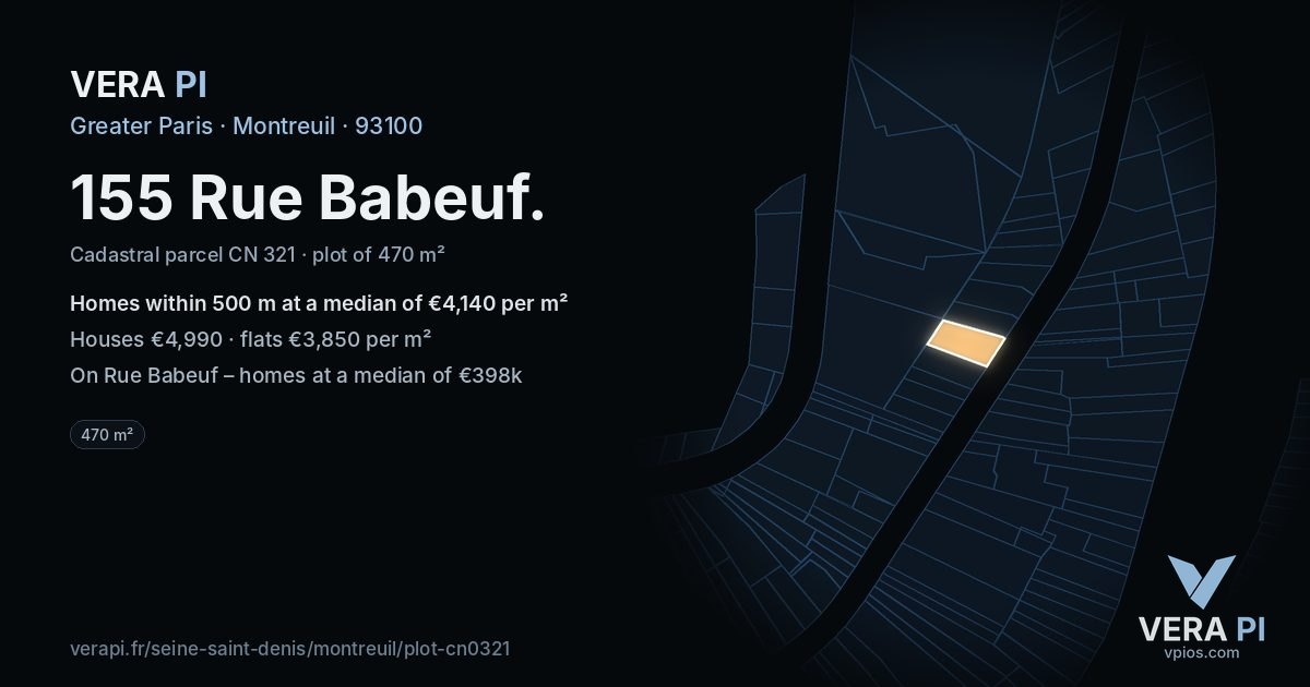 155 Rue Babeuf, Montreuil at night – the plot lit, the parcels around coloured by the prices near them