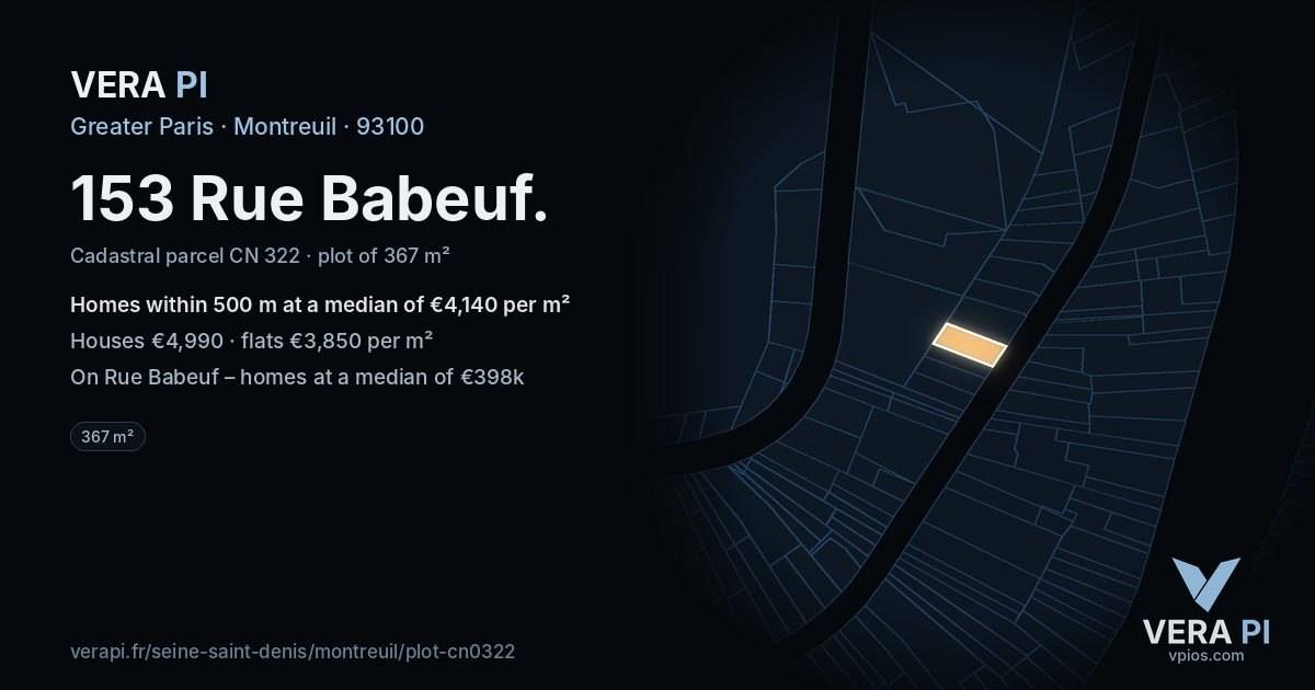 153 Rue Babeuf, Montreuil at night – the plot lit, the parcels around coloured by the prices near them