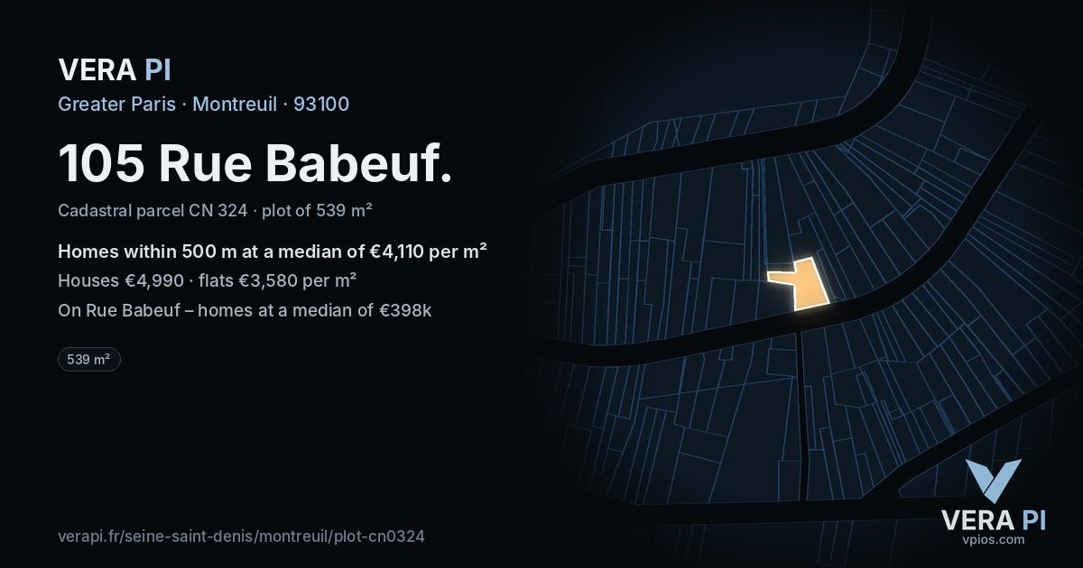 105 Rue Babeuf, Montreuil at night – the plot lit, the parcels around coloured by the prices near them