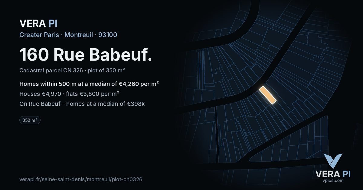 160 Rue Babeuf, Montreuil at night – the plot lit, the parcels around coloured by the prices near them