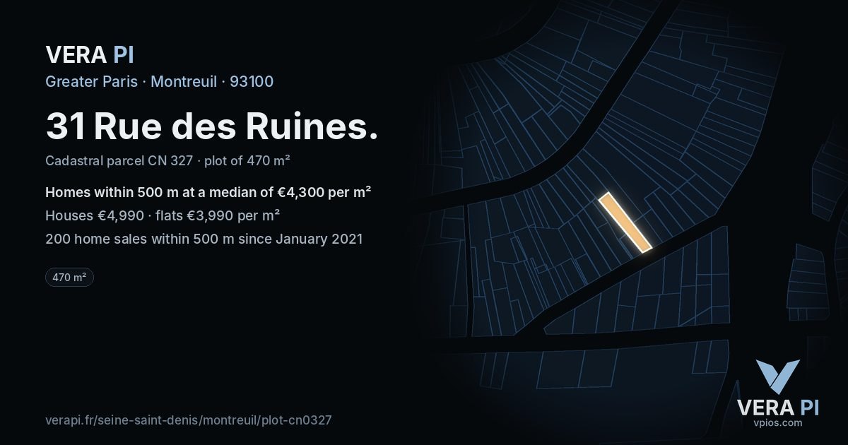 31 Rue des Ruines, Montreuil at night – the plot lit, the parcels around coloured by the prices near them