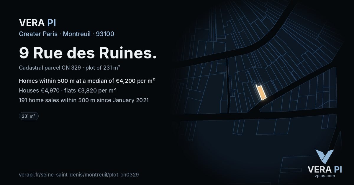 9 Rue des Ruines, Montreuil at night – the plot lit, the parcels around coloured by the prices near them