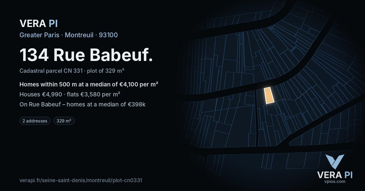 134 Rue Babeuf, Montreuil at night – the plot lit, the parcels around coloured by the prices near them