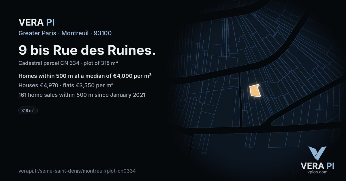 9 bis Rue des Ruines, Montreuil at night – the plot lit, the parcels around coloured by the prices near them