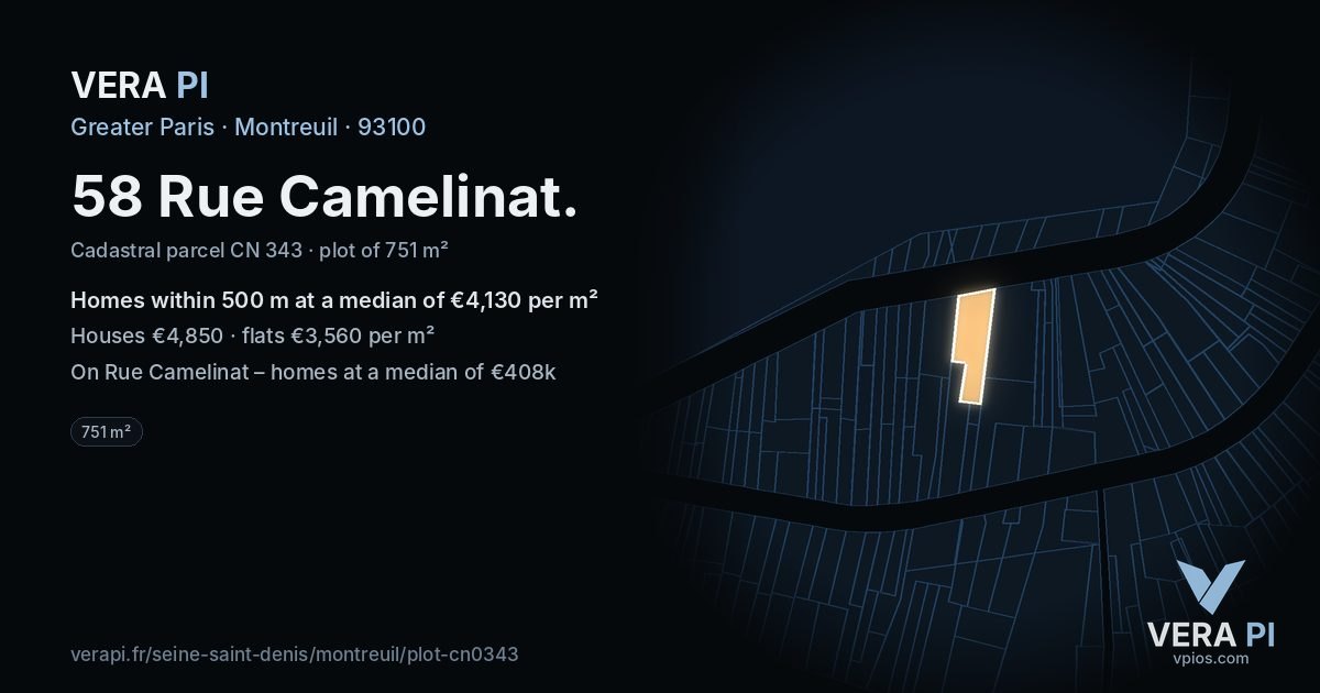 58 Rue Camelinat, Montreuil at night – the plot lit, the parcels around coloured by the prices near them