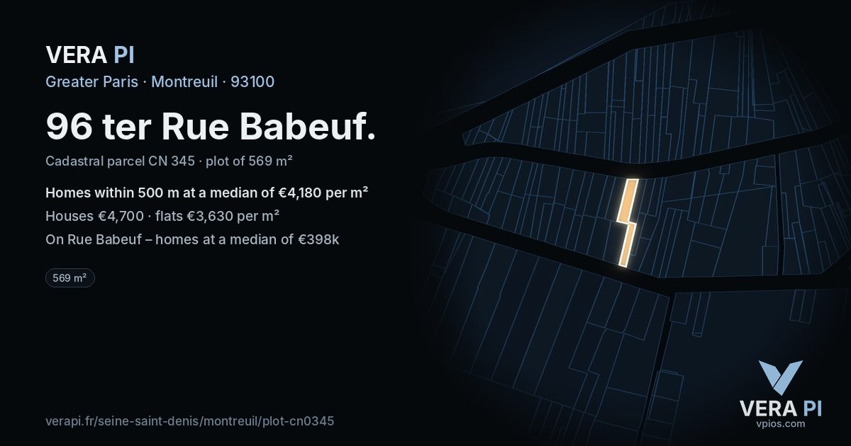 96 ter Rue Babeuf, Montreuil at night – the plot lit, the parcels around coloured by the prices near them