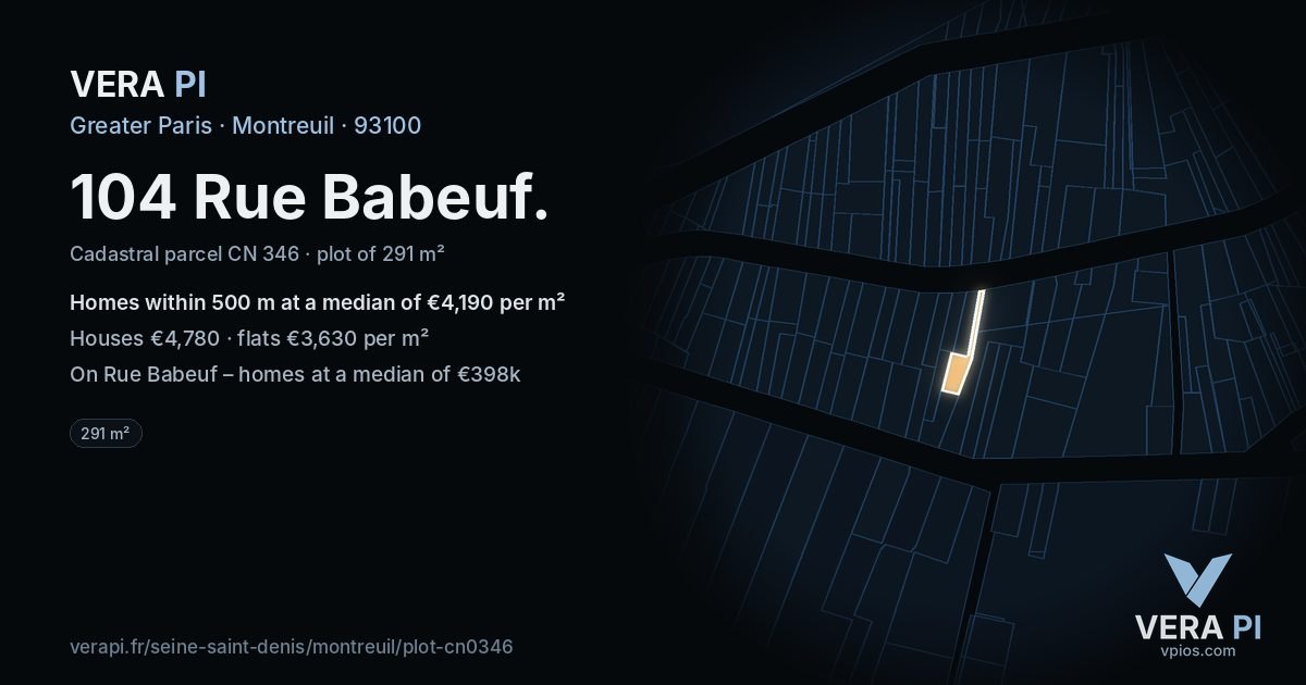 104 Rue Babeuf, Montreuil at night – the plot lit, the parcels around coloured by the prices near them