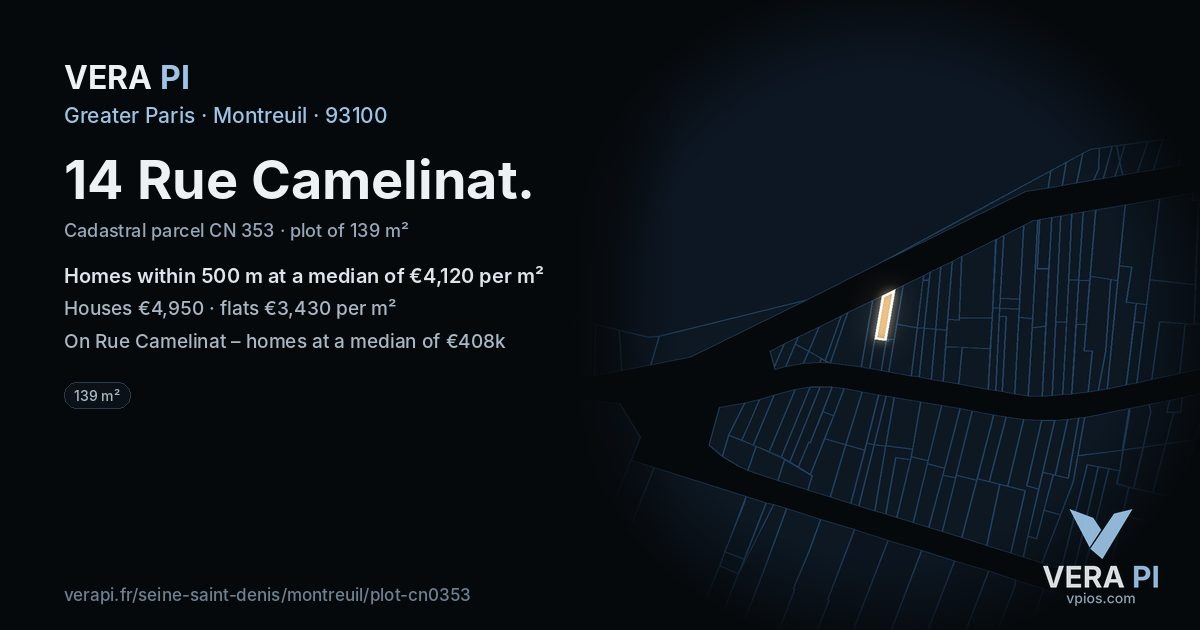 14 Rue Camelinat, Montreuil at night – the plot lit, the parcels around coloured by the prices near them