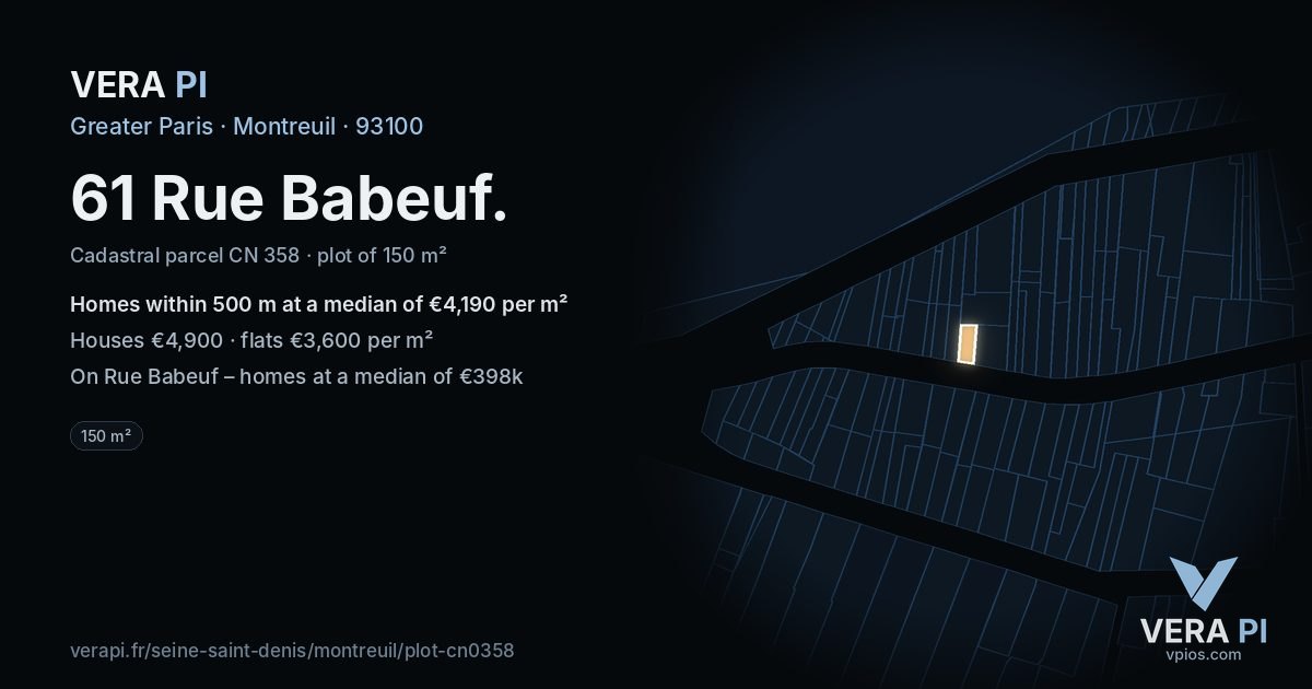 61 Rue Babeuf, Montreuil at night – the plot lit, the parcels around coloured by the prices near them