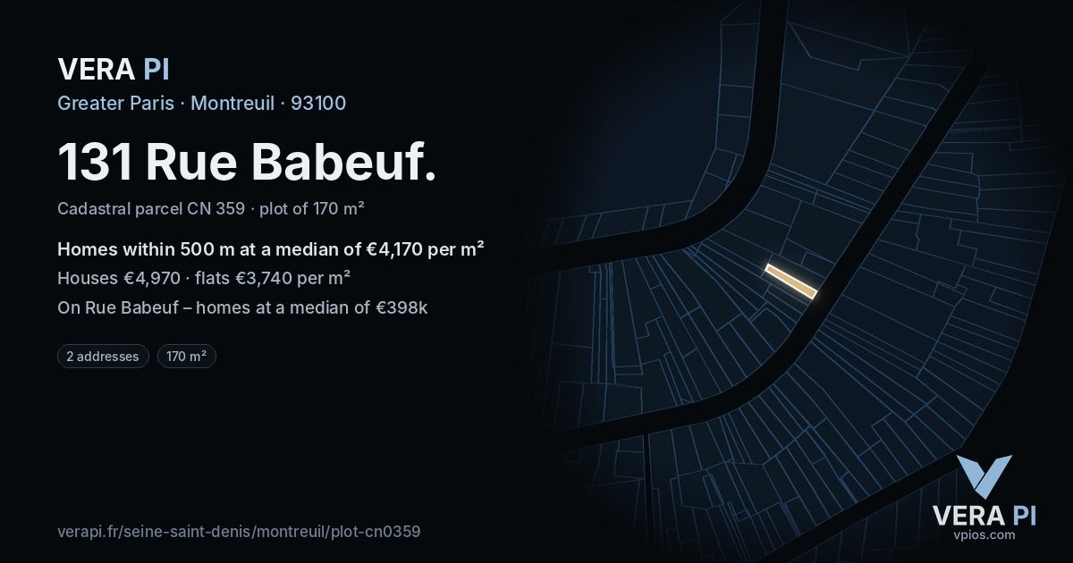 131 Rue Babeuf, Montreuil at night – the plot lit, the parcels around coloured by the prices near them