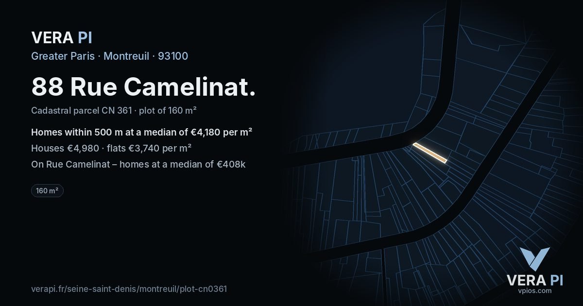 88 Rue Camelinat, Montreuil at night – the plot lit, the parcels around coloured by the prices near them