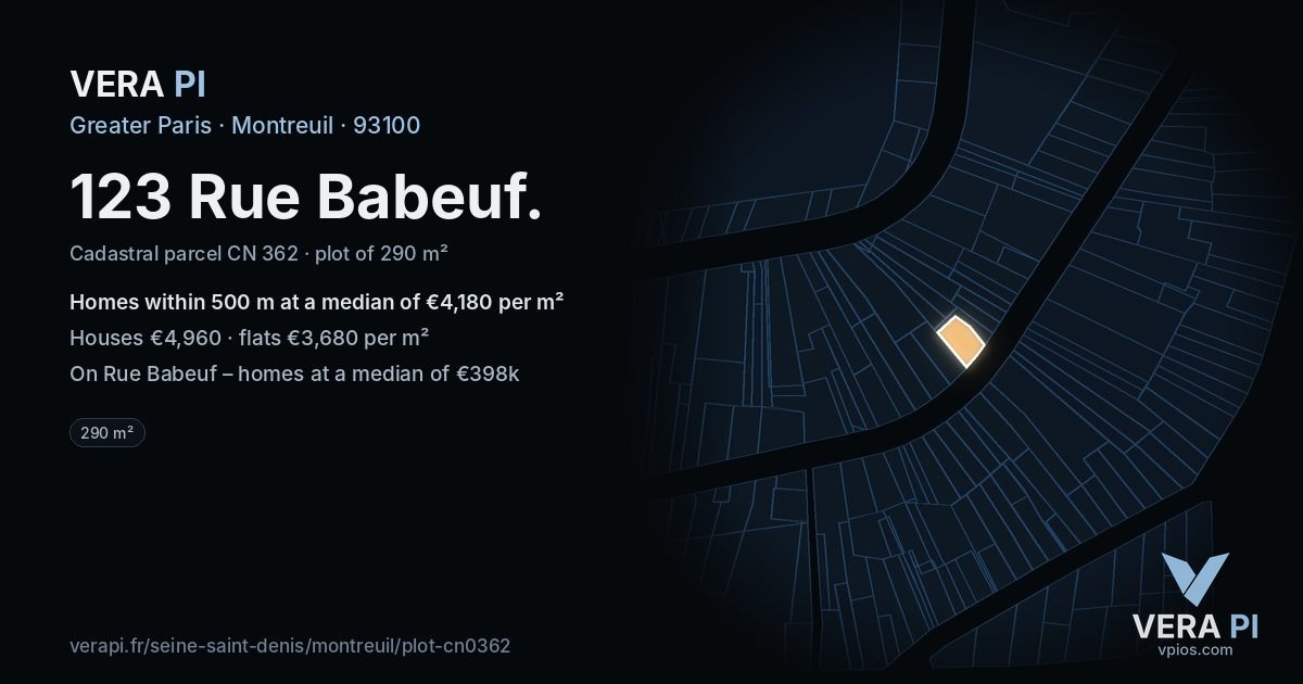 123 Rue Babeuf, Montreuil at night – the plot lit, the parcels around coloured by the prices near them