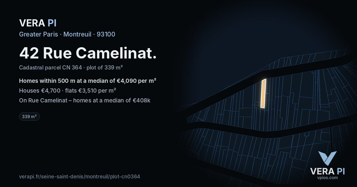 42 Rue Camelinat, Montreuil at night – the plot lit, the parcels around coloured by the prices near them