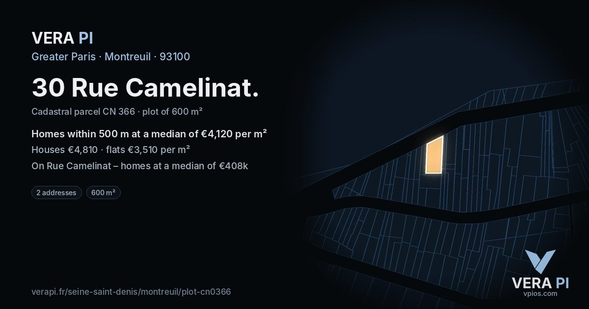 30 Rue Camelinat, Montreuil at night – the plot lit, the parcels around coloured by the prices near them