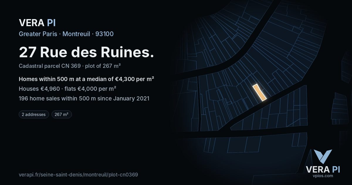 27 Rue des Ruines, Montreuil at night – the plot lit, the parcels around coloured by the prices near them