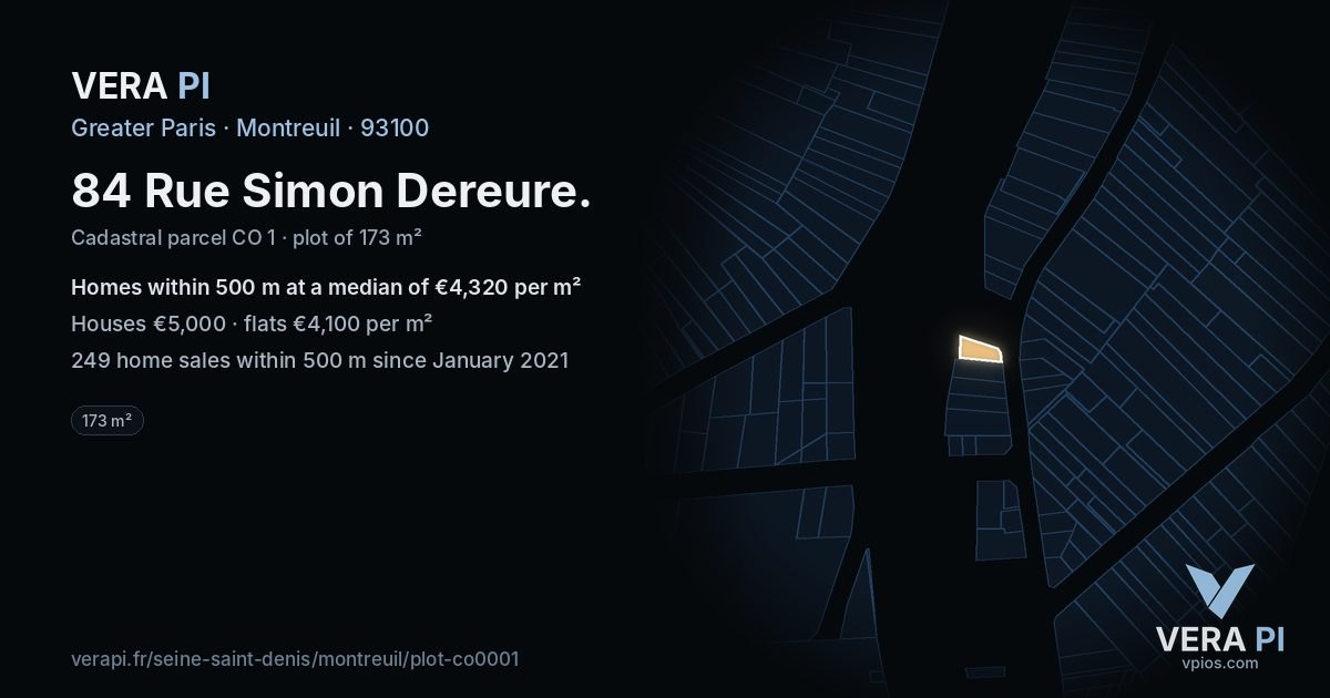 84 Rue Simon Dereure, Montreuil at night – the plot lit, the parcels around coloured by the prices near them