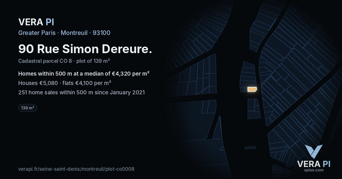 90 Rue Simon Dereure, Montreuil at night – the plot lit, the parcels around coloured by the prices near them