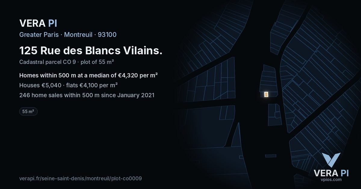 125 Rue des Blancs Vilains, Montreuil at night – the plot lit, the parcels around coloured by the prices near them