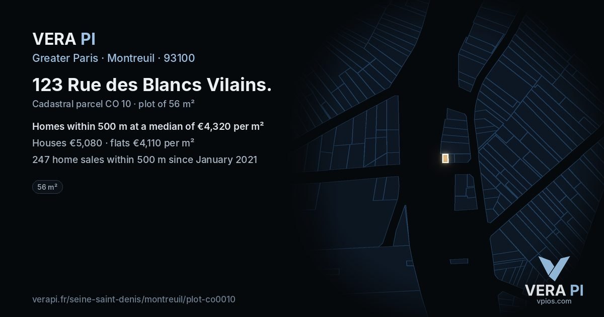 123 Rue des Blancs Vilains, Montreuil at night – the plot lit, the parcels around coloured by the prices near them