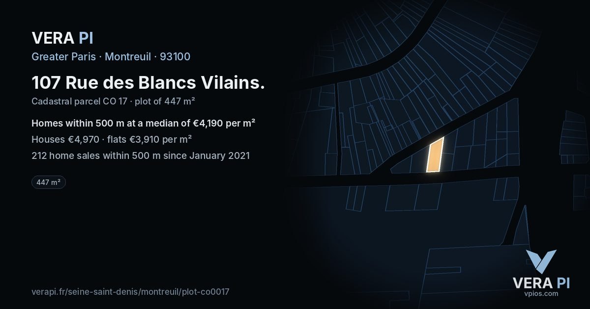 107 Rue des Blancs Vilains, Montreuil at night – the plot lit, the parcels around coloured by the prices near them