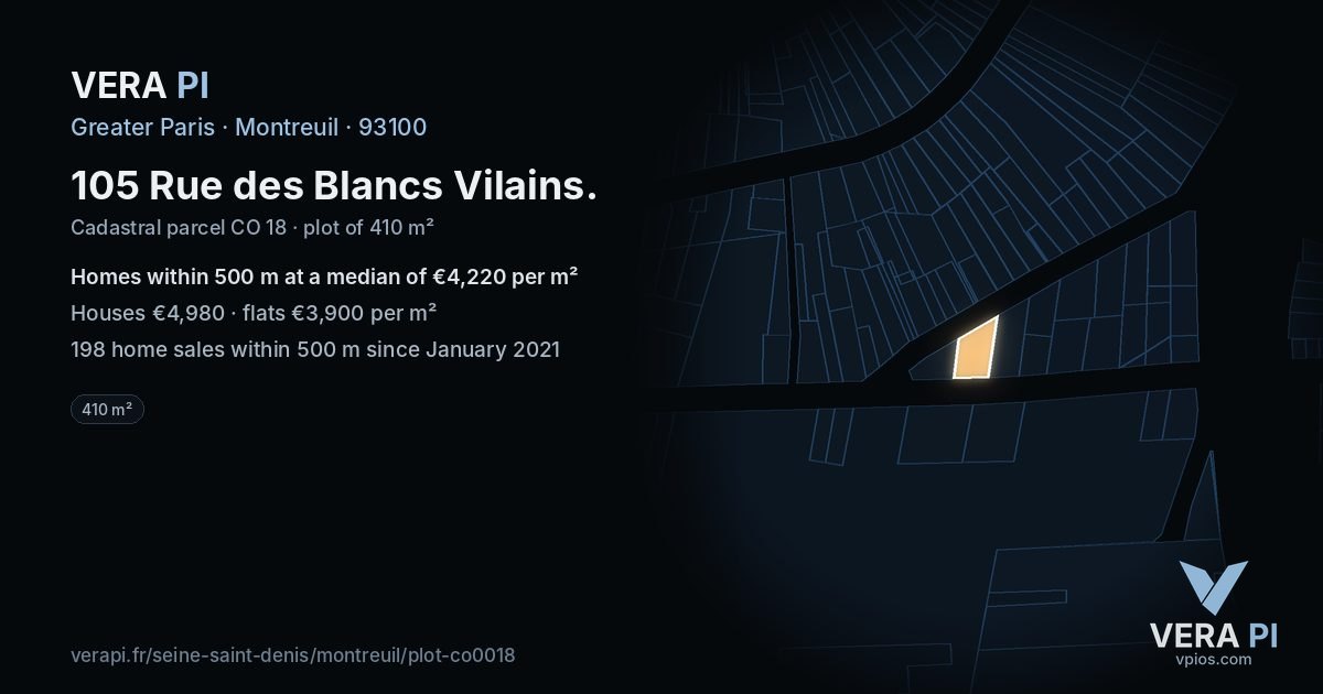 105 Rue des Blancs Vilains, Montreuil at night – the plot lit, the parcels around coloured by the prices near them