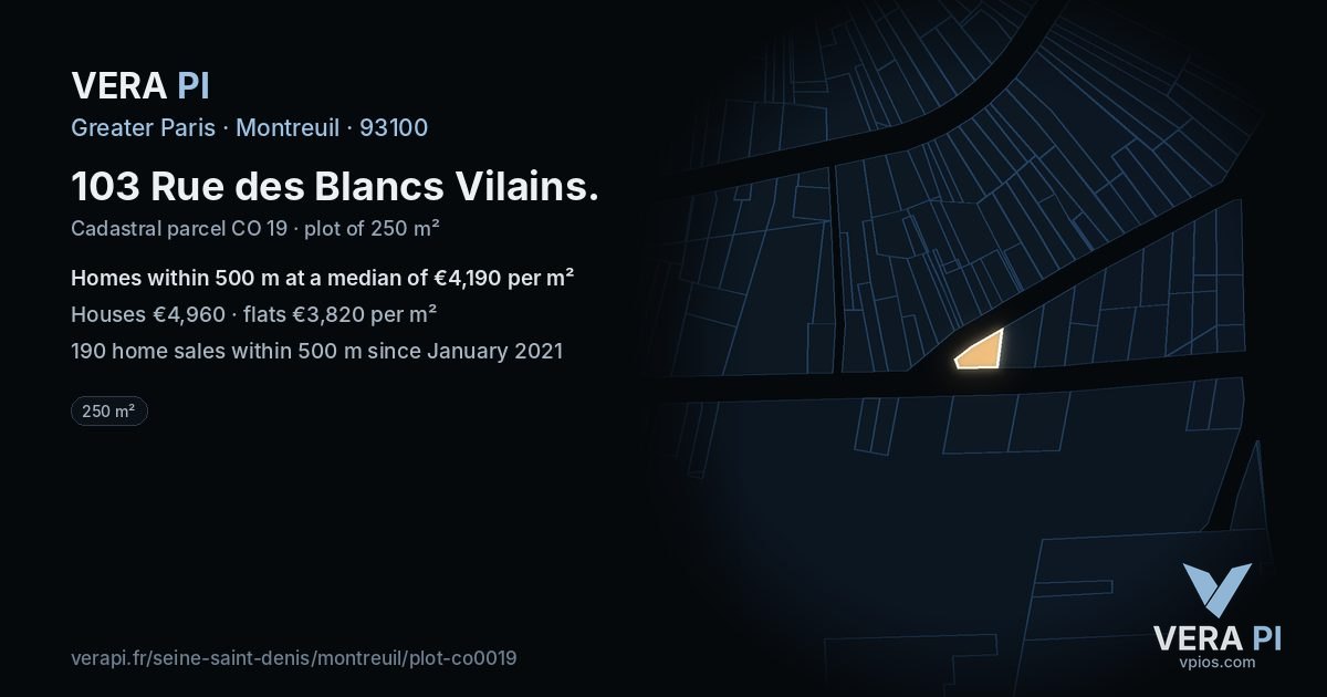 103 Rue des Blancs Vilains, Montreuil at night – the plot lit, the parcels around coloured by the prices near them