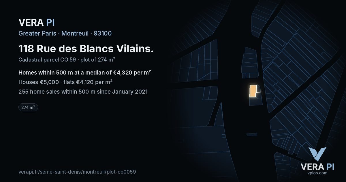 118 Rue des Blancs Vilains, Montreuil at night – the plot lit, the parcels around coloured by the prices near them