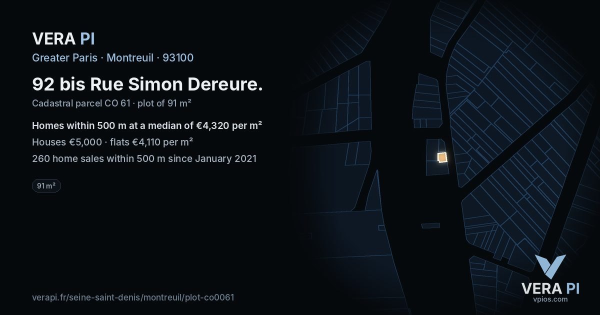 92 bis Rue Simon Dereure, Montreuil at night – the plot lit, the parcels around coloured by the prices near them