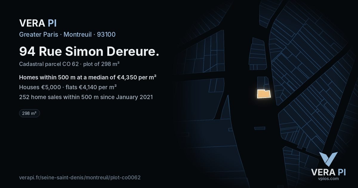 94 Rue Simon Dereure, Montreuil at night – the plot lit, the parcels around coloured by the prices near them
