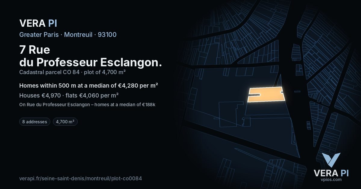 7 Rue du Professeur Esclangon, Montreuil at night – the plot lit, the parcels around coloured by the prices near them
