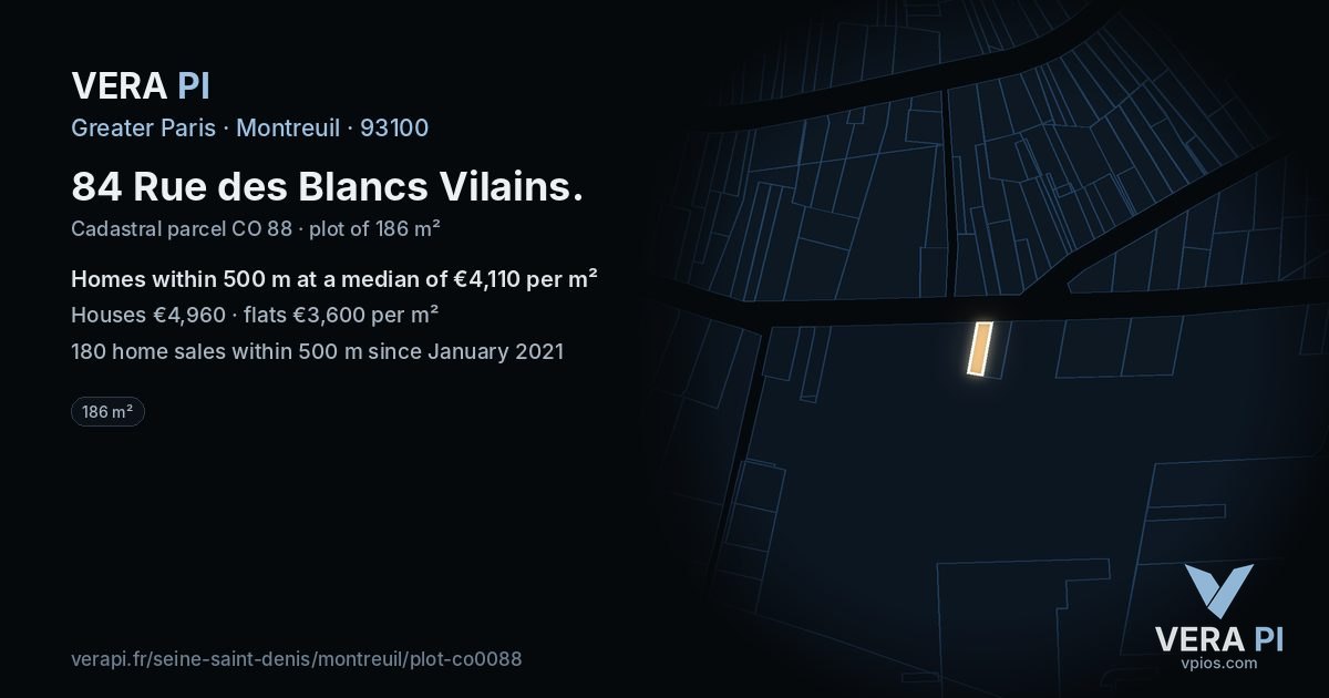 84 Rue des Blancs Vilains, Montreuil at night – the plot lit, the parcels around coloured by the prices near them