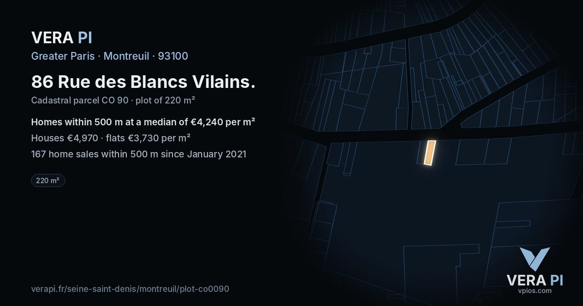 86 Rue des Blancs Vilains, Montreuil at night – the plot lit, the parcels around coloured by the prices near them