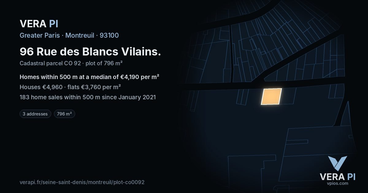 96 Rue des Blancs Vilains, Montreuil at night – the plot lit, the parcels around coloured by the prices near them